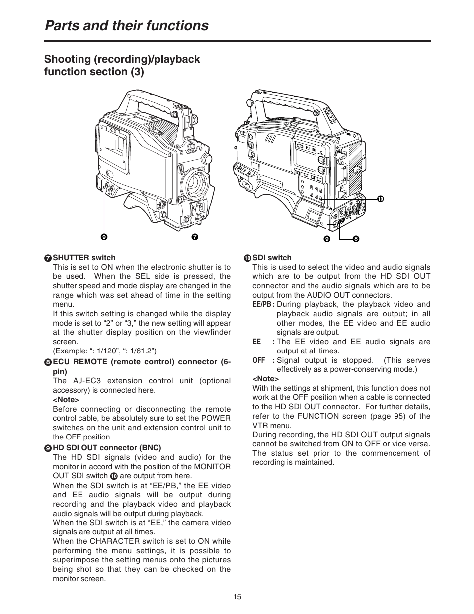 Parts and their functions | Panasonic AJ-HDC27A User Manual | Page 15 / 116