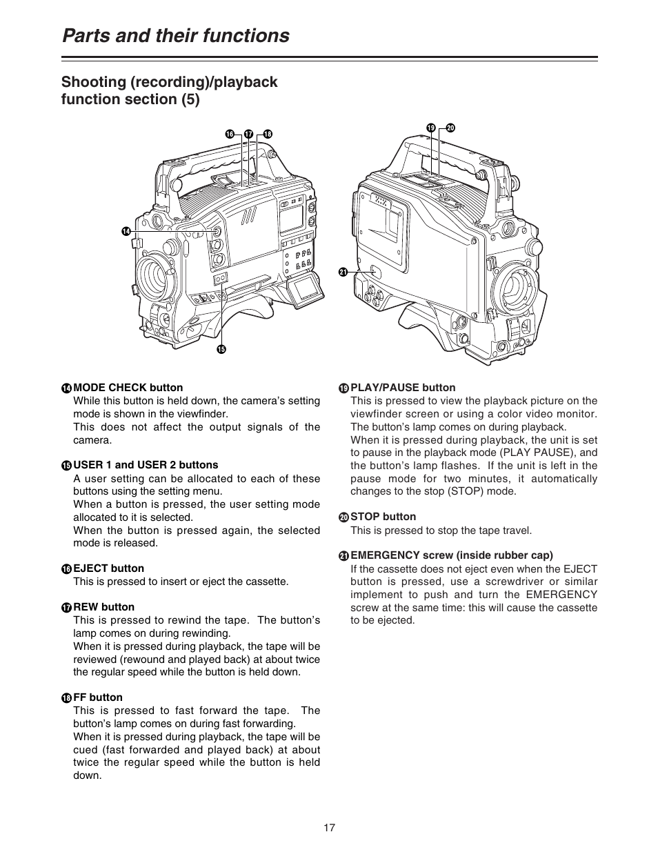 Parts and their functions | Panasonic AJ-HDC27A User Manual | Page 17 / 116