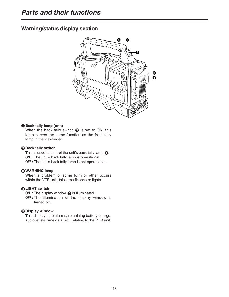 Warning/status display section, Parts and their functions | Panasonic AJ-HDC27A User Manual | Page 18 / 116