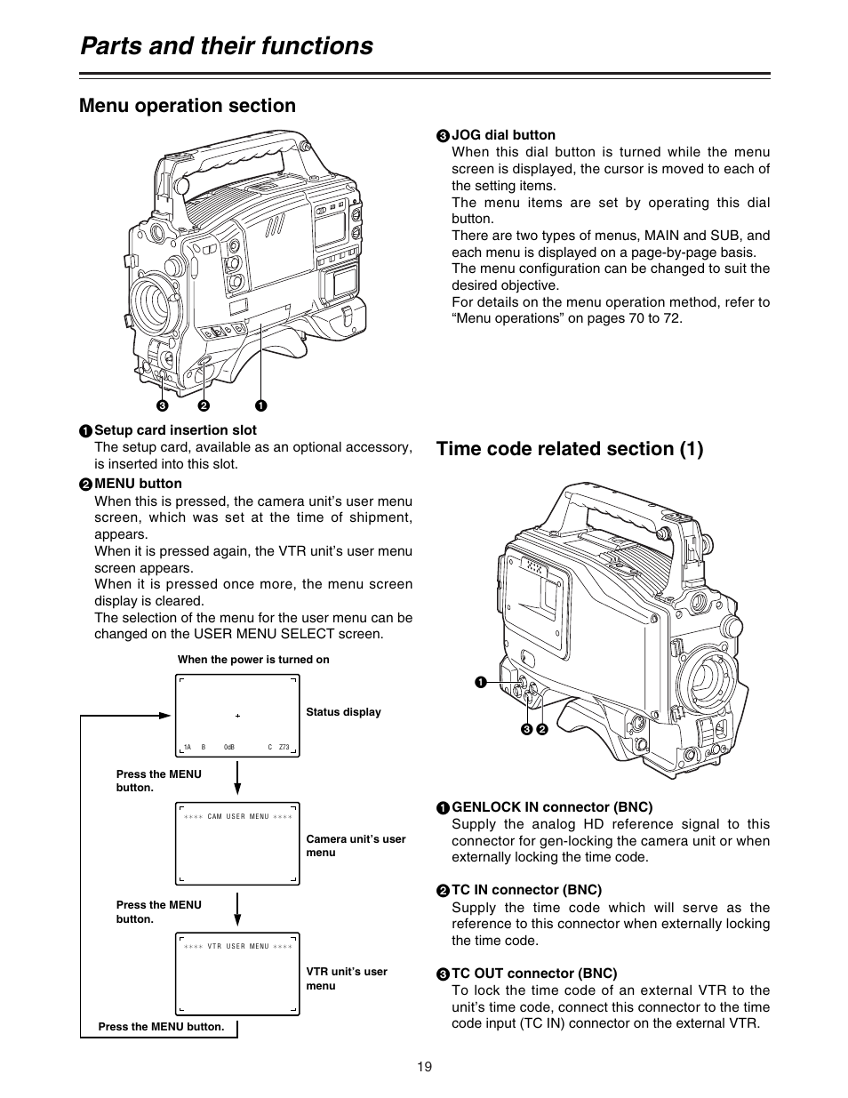 Menu operation section, Time code related section, Parts and their functions | Panasonic AJ-HDC27A User Manual | Page 19 / 116