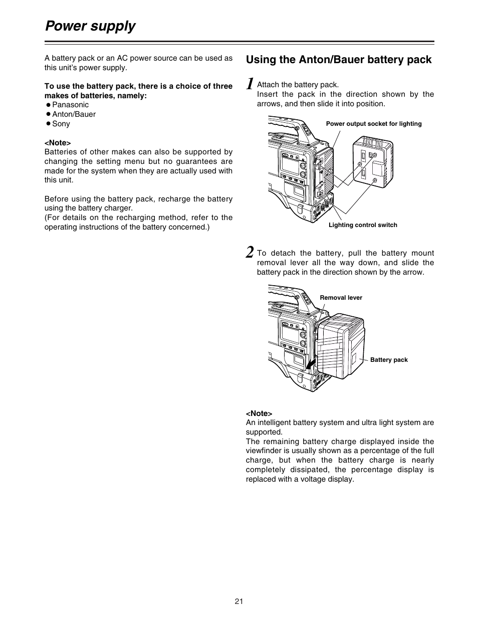 Power supply, Using the anton/bauer battery pack | Panasonic AJ-HDC27A User Manual | Page 21 / 116