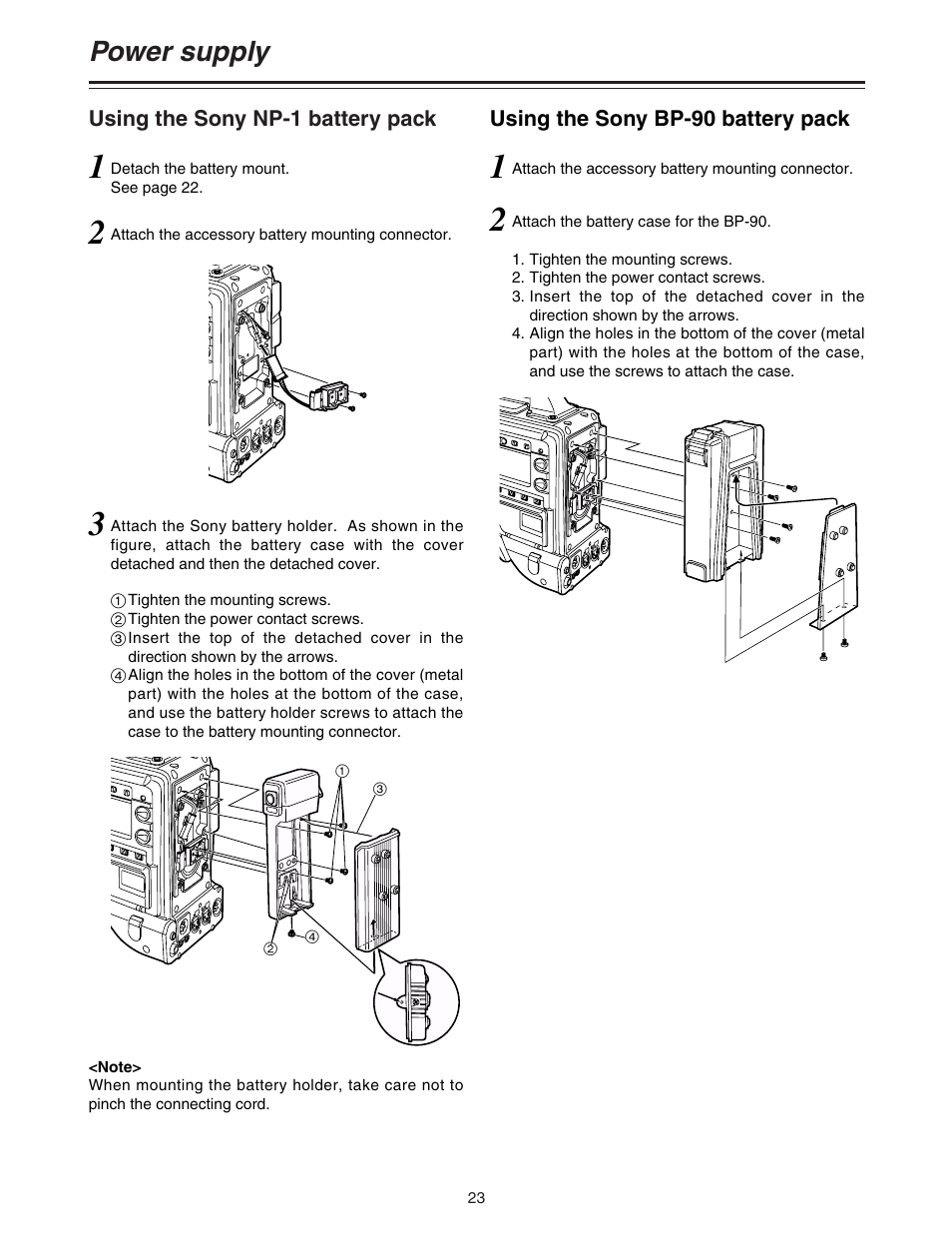 Using the sony np-1 battery pack, Using the sony bp-90 battery pack, Power supply | Panasonic AJ-HDC27A User Manual | Page 23 / 116