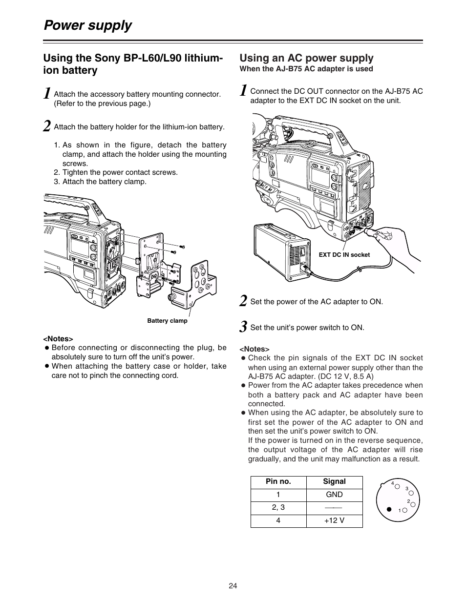 Using the sony bp-l60/l90 lithium-ion battery, Power supply, Using an ac power supply | Using the sony bp-l60/l90 lithium- ion battery | Panasonic AJ-HDC27A User Manual | Page 24 / 116