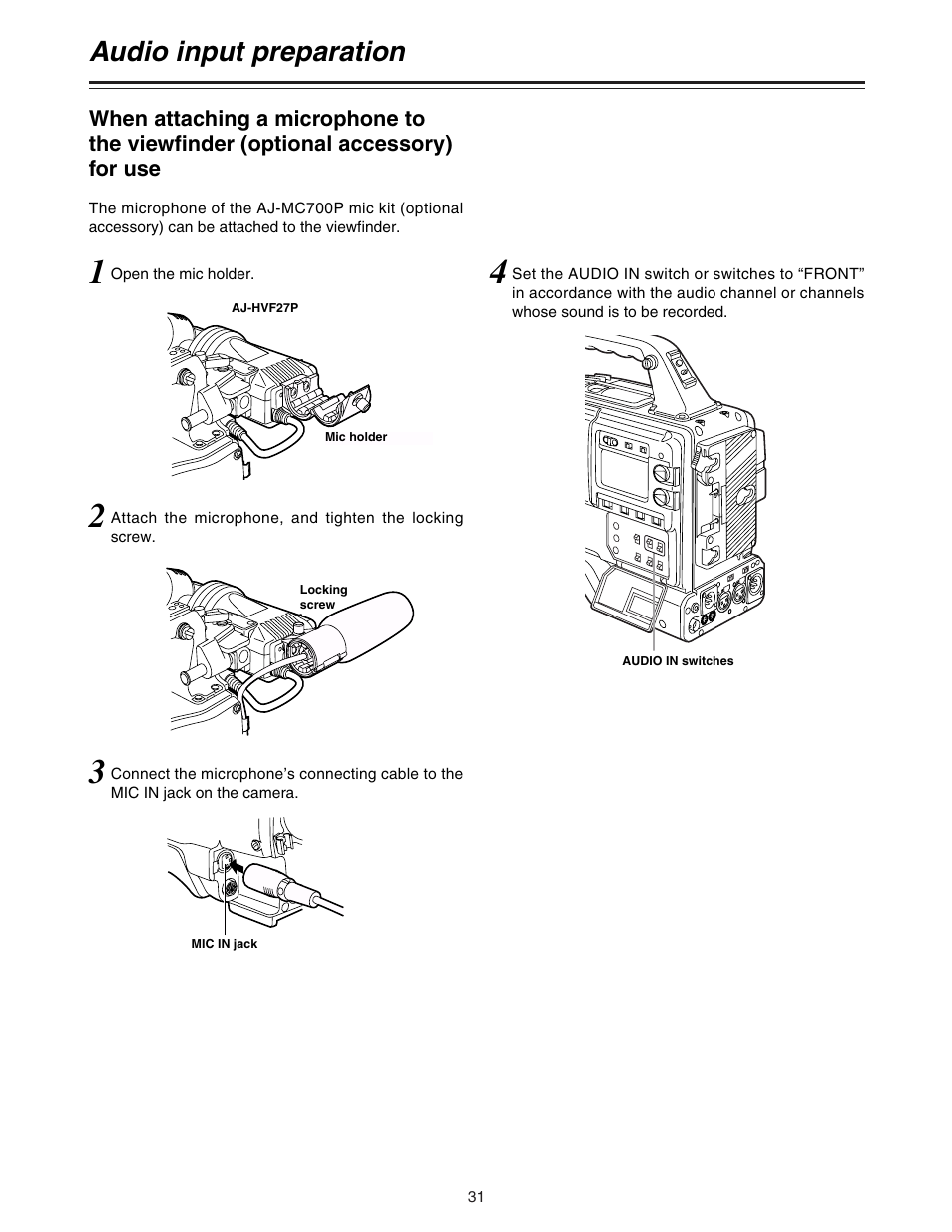 Audio input preparation | Panasonic AJ-HDC27A User Manual | Page 31 / 116