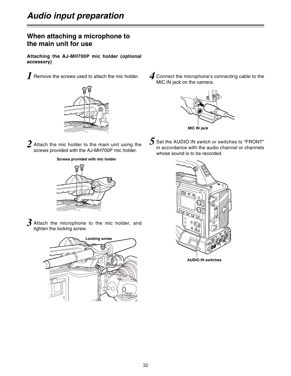 Audio input preparation | Panasonic AJ-HDC27A User Manual | Page 32 / 116