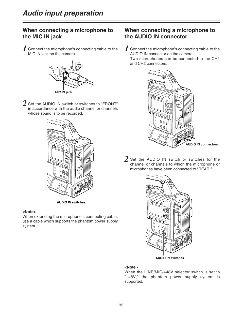 When connecting a microphone to the mic in jack, Audio input preparation | Panasonic AJ-HDC27A User Manual | Page 33 / 116