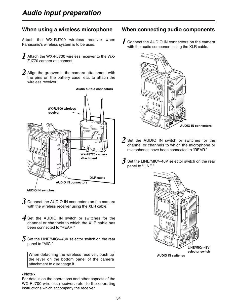 When using a wireless microphone, When connecting audio components, Audio input preparation | Panasonic AJ-HDC27A User Manual | Page 34 / 116