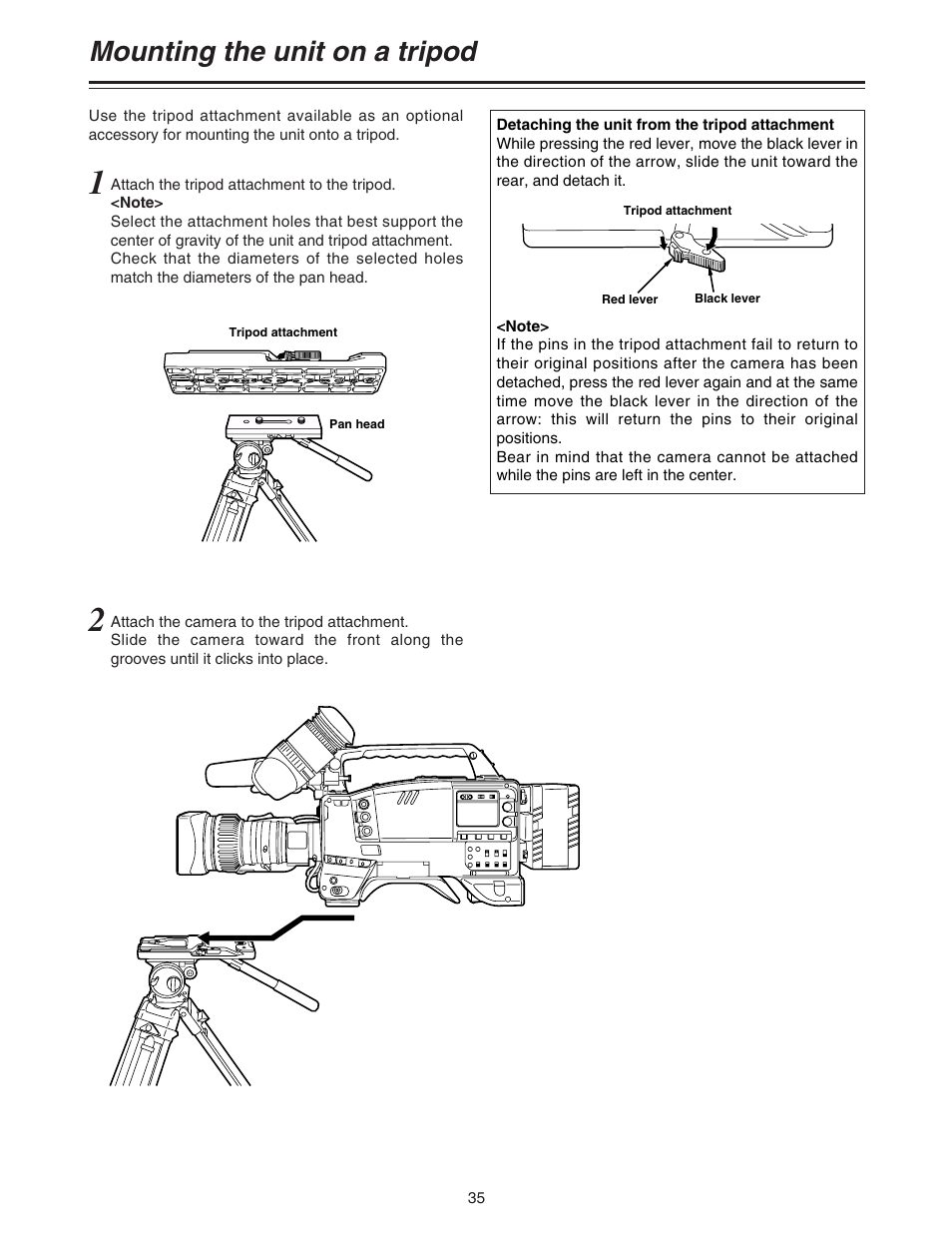 Mounting the unit on a tripopd, Mounting the unit on a tripod | Panasonic AJ-HDC27A User Manual | Page 35 / 116
