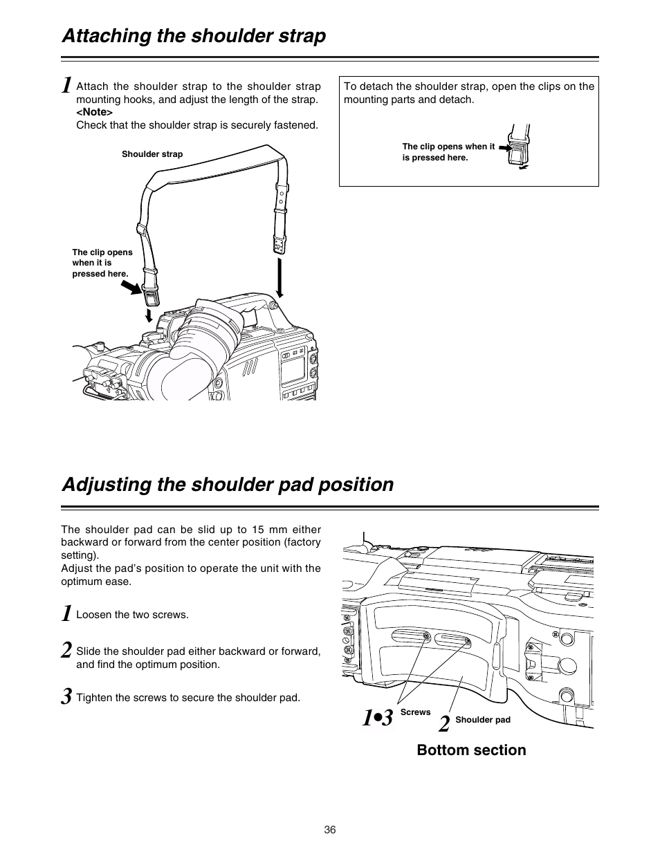 Attaching the shoulder strap, Adjusting the shoulder pad position | Panasonic AJ-HDC27A User Manual | Page 36 / 116