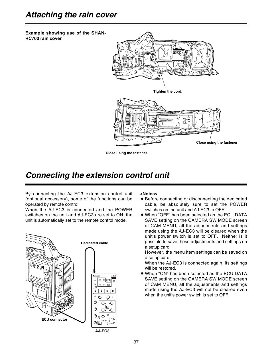 Attaching the rain cover, Connecting the extension control unit | Panasonic AJ-HDC27A User Manual | Page 37 / 116