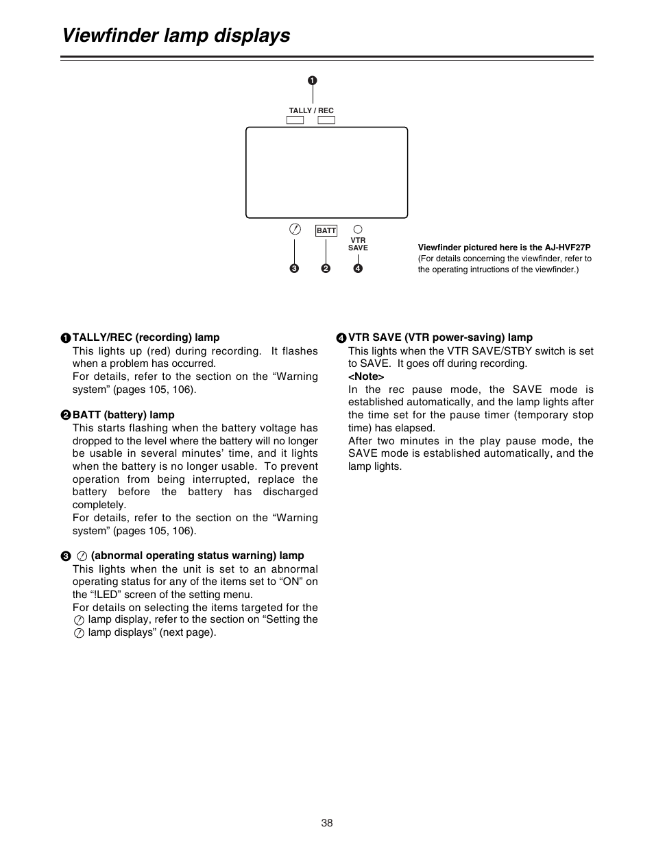 Viewfinder lamp displays | Panasonic AJ-HDC27A User Manual | Page 38 / 116