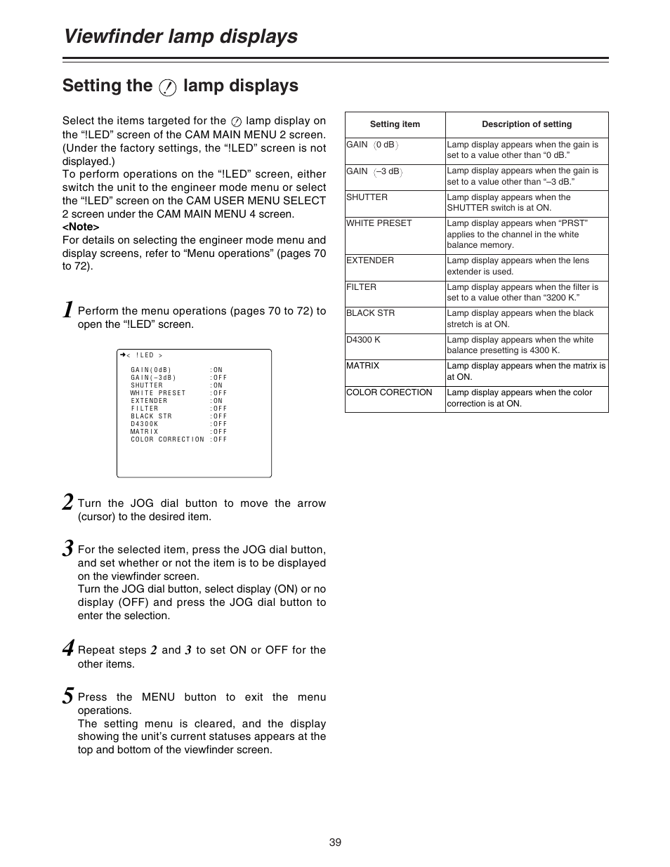 Setting the lamp displays, Viewfinder lamp displays | Panasonic AJ-HDC27A User Manual | Page 39 / 116