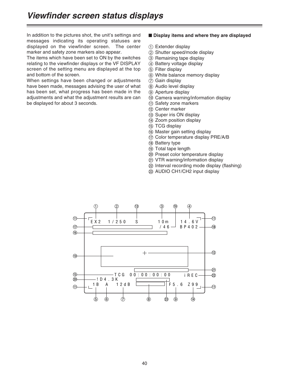 Viewfinder screen status displays | Panasonic AJ-HDC27A User Manual | Page 40 / 116