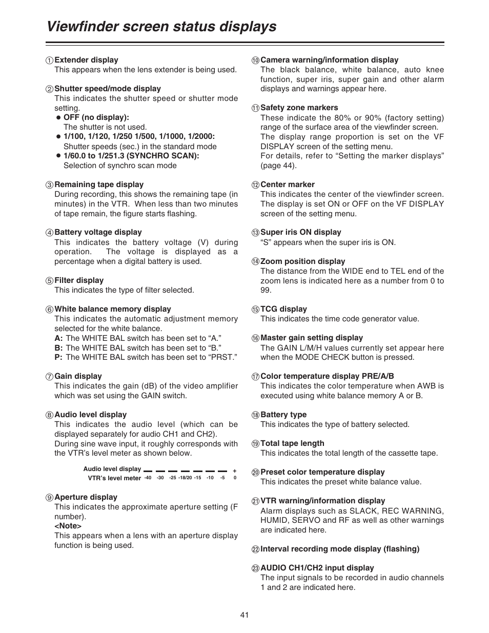 Viewfinder screen status displays | Panasonic AJ-HDC27A User Manual | Page 41 / 116