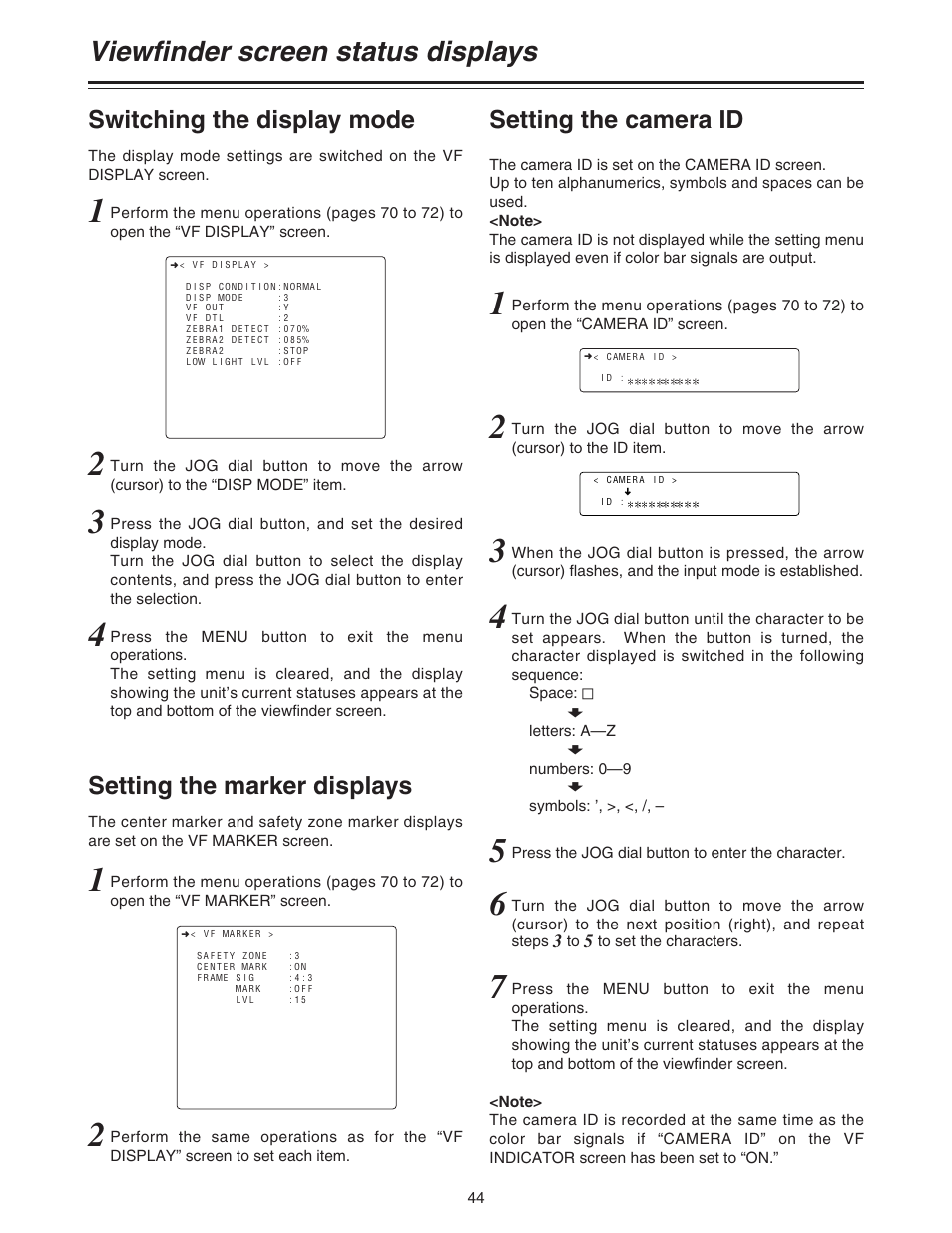 Switching the display mode, Setting the marker displays, Setting the camera id | Viewfinder screen status displays | Panasonic AJ-HDC27A User Manual | Page 44 / 116