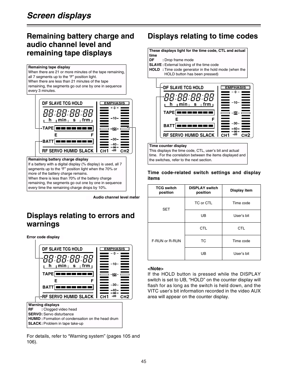 Screen displays, Displays relating to errors and warnings, Displays relating to time codes | Panasonic AJ-HDC27A User Manual | Page 45 / 116