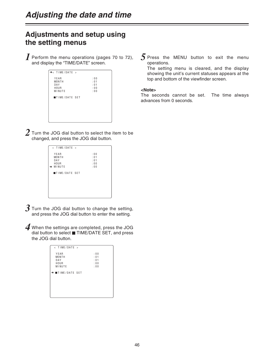 Adjusting the date and time, Adustments and setup using the setting menus, Adjustments and setup using the setting menus | Panasonic AJ-HDC27A User Manual | Page 46 / 116