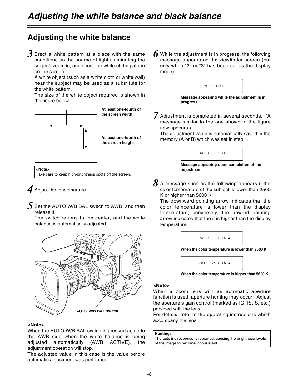 Adjusting the white balance and black balance, Adjusting the white balance | Panasonic AJ-HDC27A User Manual | Page 48 / 116