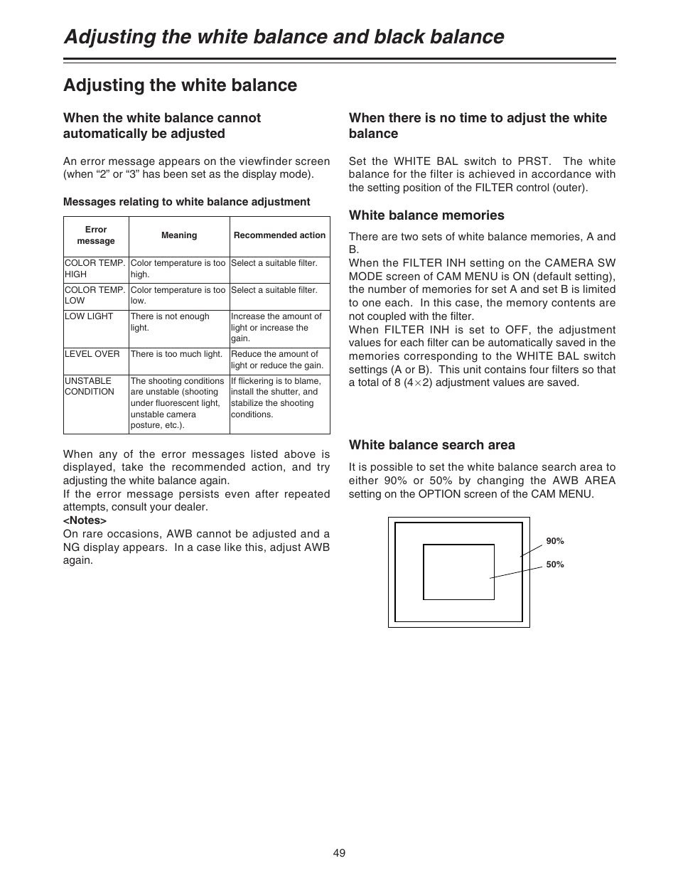 Adjusting the white balance and black balance, Adjusting the white balance, When there is no time to adjust the white balance | White balance search area | Panasonic AJ-HDC27A User Manual | Page 49 / 116