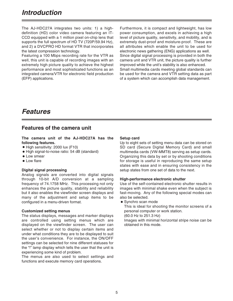 Introduction, Features, Features of the camera unit | Introduction features | Panasonic AJ-HDC27A User Manual | Page 5 / 116