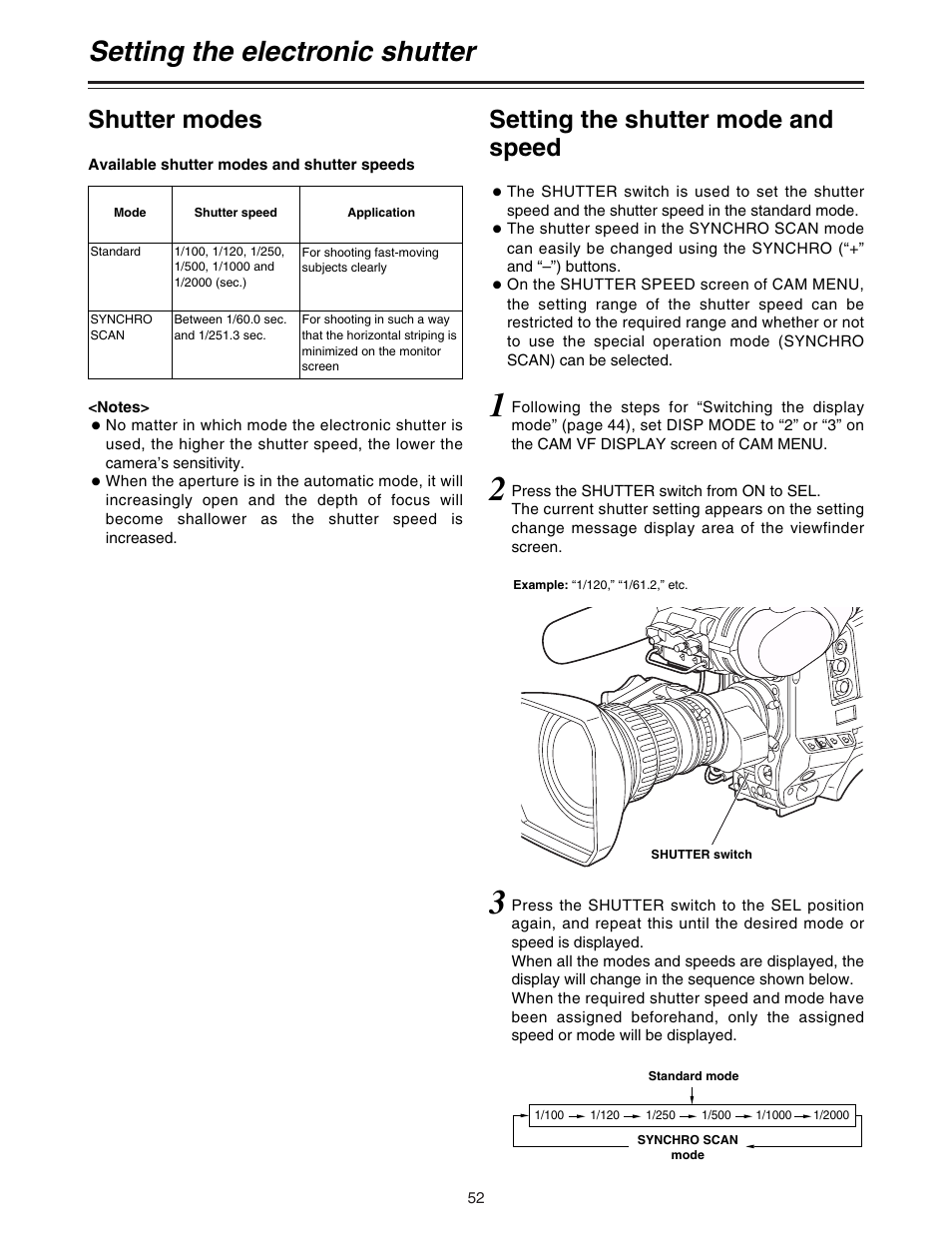 Setting the electronic shutter, Shutter modes, Setting the shutter mode and speed | Panasonic AJ-HDC27A User Manual | Page 52 / 116