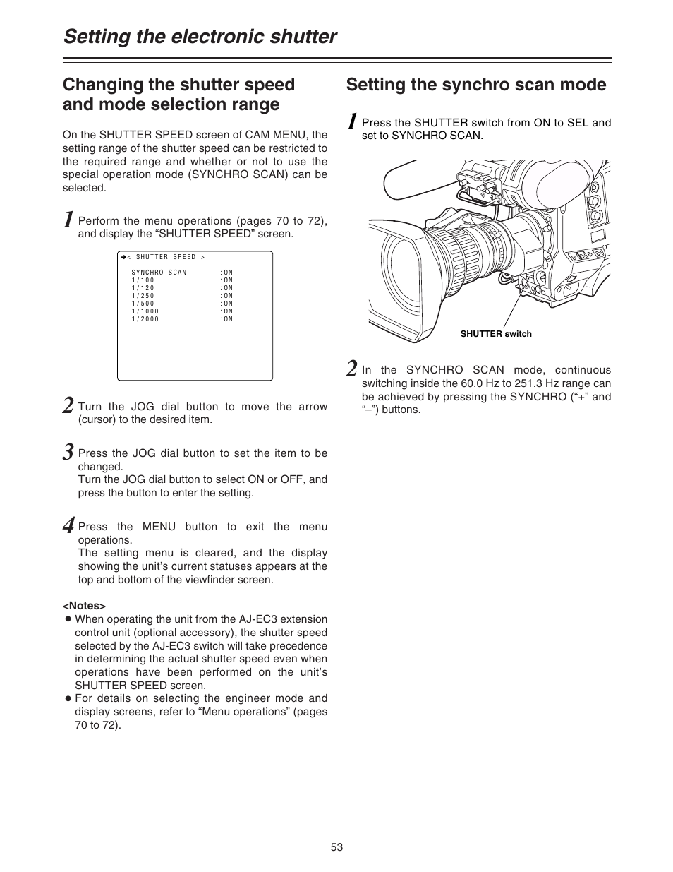 Setting the synchro scan mode, Setting the electronic shutter | Panasonic AJ-HDC27A User Manual | Page 53 / 116