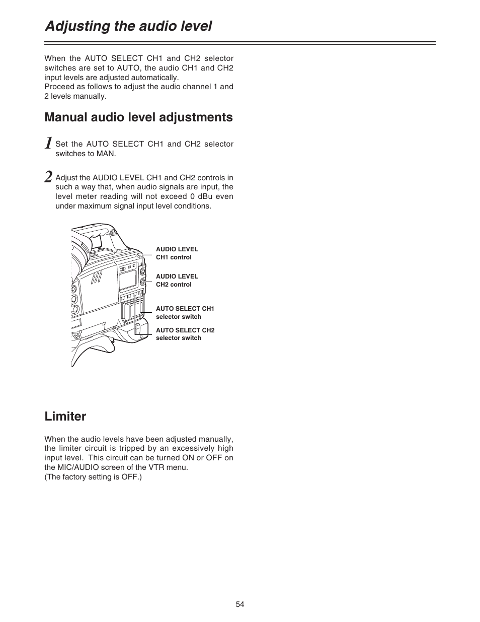 Adjusting the audio level, Manual audio level adjustments, Limiter | Panasonic AJ-HDC27A User Manual | Page 54 / 116