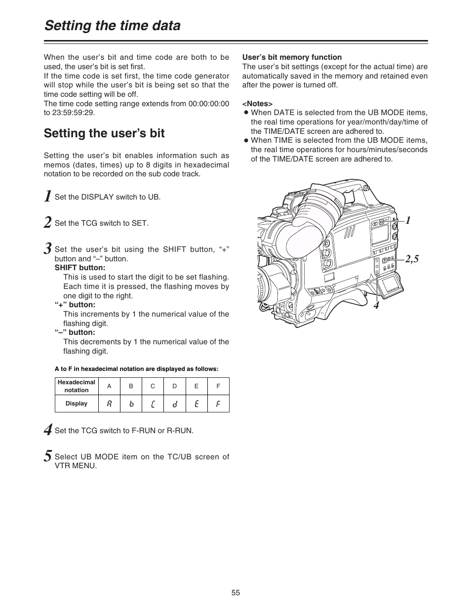 Setting the time data, Setting the user's bit, Setting the user’s bit | Panasonic AJ-HDC27A User Manual | Page 55 / 116