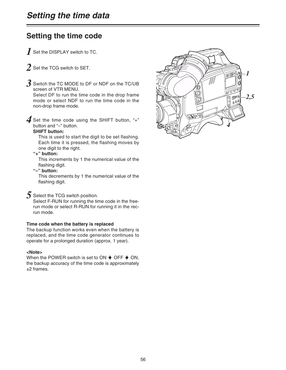 Setting the time code, Setting the time data | Panasonic AJ-HDC27A User Manual | Page 56 / 116