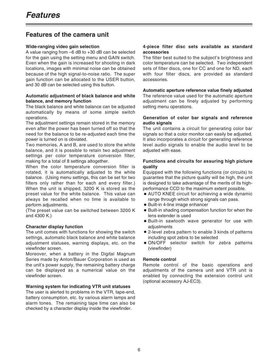 Features, Features of the camera unit | Panasonic AJ-HDC27A User Manual | Page 6 / 116