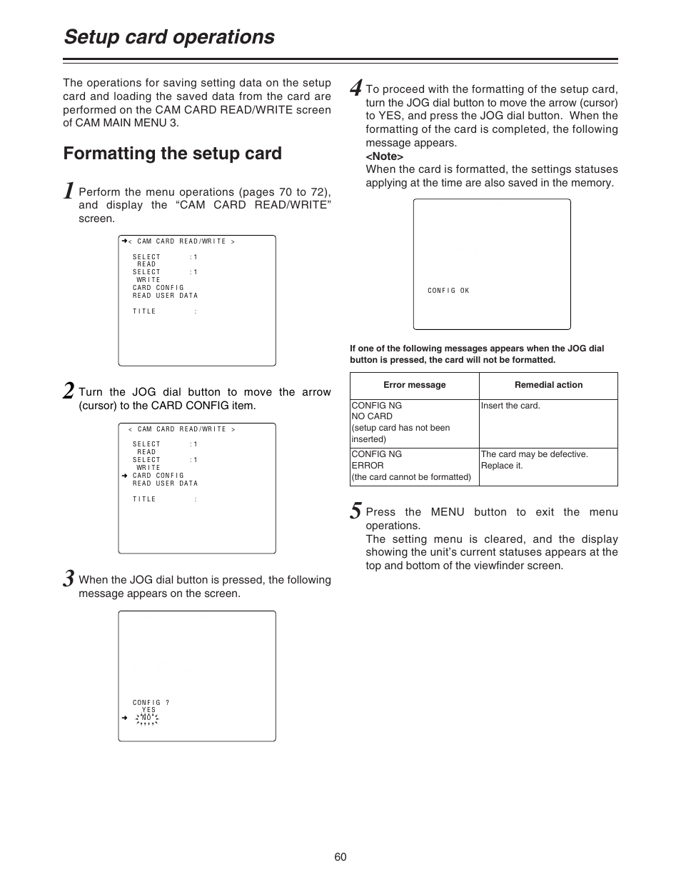 Formattiing the setup card, Setup card operations, Formatting the setup card | Panasonic AJ-HDC27A User Manual | Page 60 / 116
