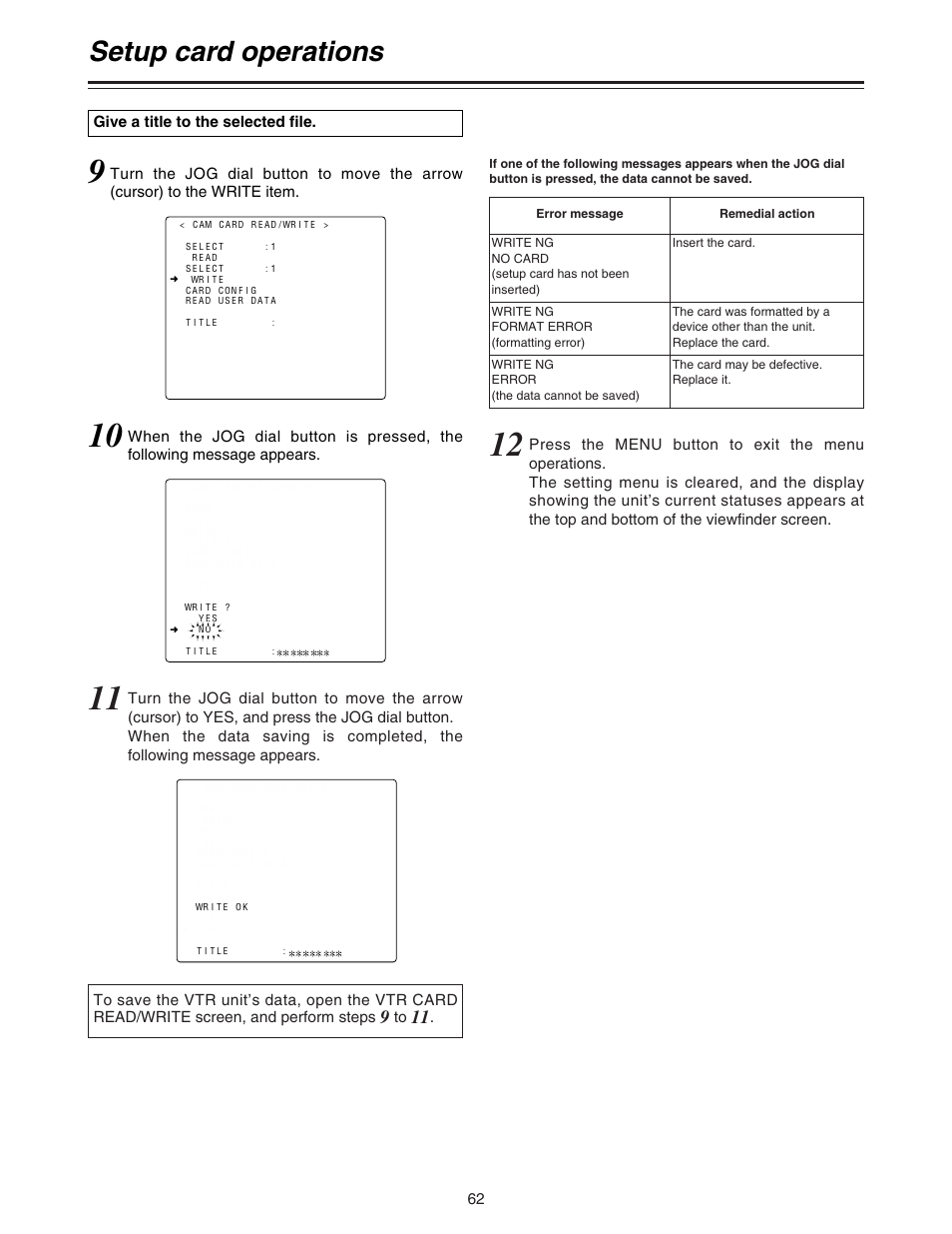 Setup card operations | Panasonic AJ-HDC27A User Manual | Page 62 / 116