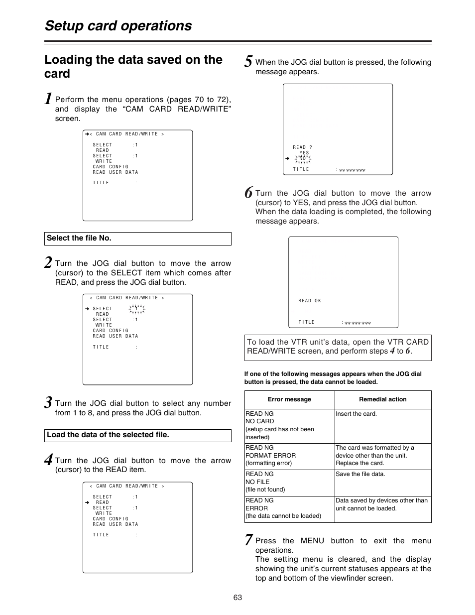 Loading the data saved on the card, Setup card operations | Panasonic AJ-HDC27A User Manual | Page 63 / 116