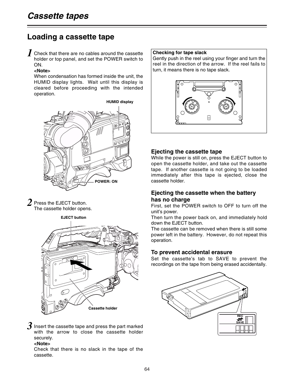 Cassette tapes, Loading a cassette tape | Panasonic AJ-HDC27A User Manual | Page 64 / 116