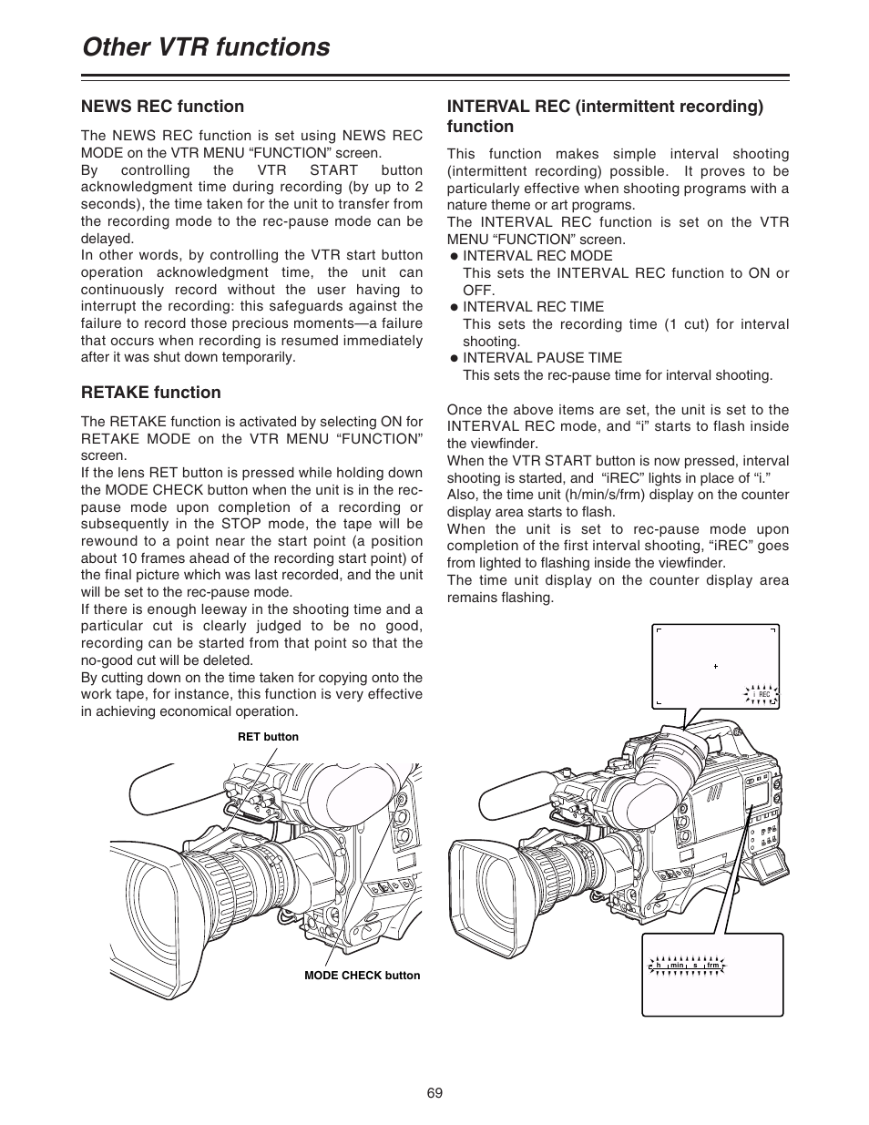 Other vtr functions, News rec function, Retake function | Interval rec (intermittent recording) function | Panasonic AJ-HDC27A User Manual | Page 69 / 116