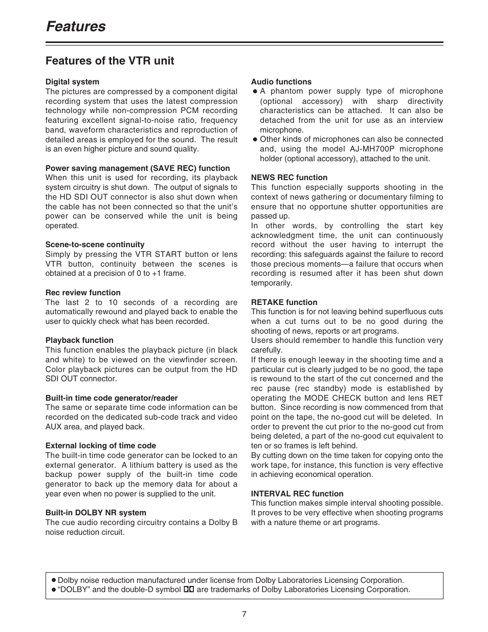 Features of the vtr unit, Features | Panasonic AJ-HDC27A User Manual | Page 7 / 116