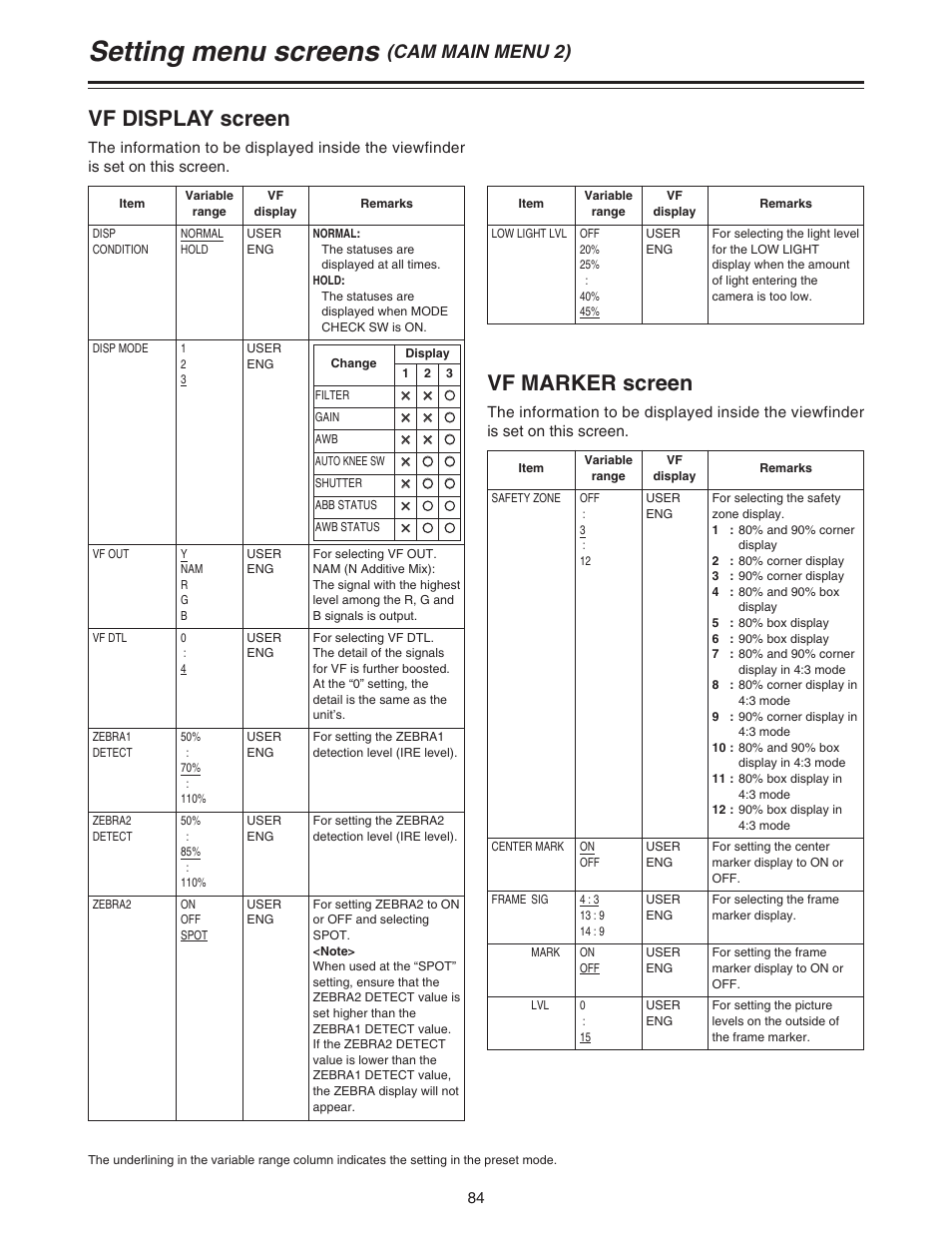 Cam main menu 2, Setting menu screens, Vf display screen | Vf marker screen, Cam main menu 2) | Panasonic AJ-HDC27A User Manual | Page 84 / 116
