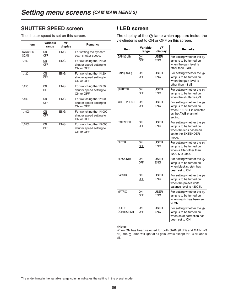 Setting menu screens, Shutter speed screen, Led screen | Cam main menu 2) | Panasonic AJ-HDC27A User Manual | Page 86 / 116