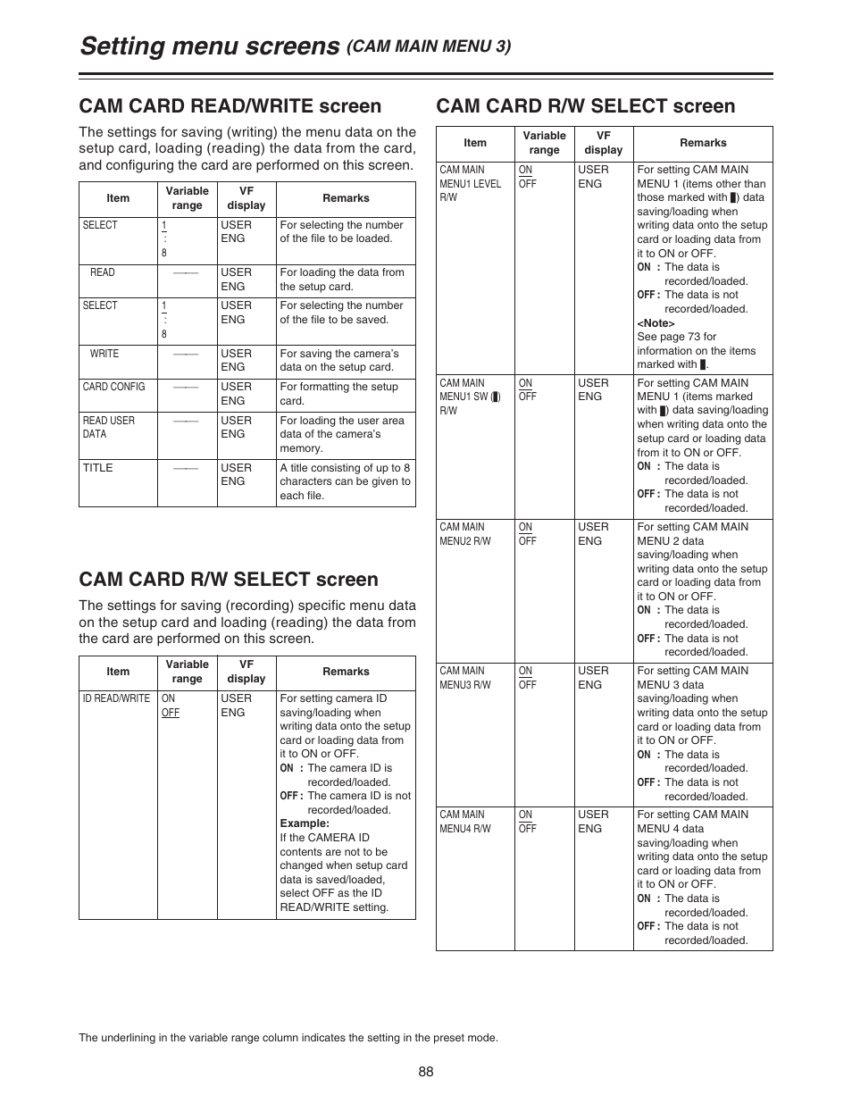Cam main menu 3, Setting menu screens, Cam card r/w select screen | Cam card read/write screen, Cam main menu 3) | Panasonic AJ-HDC27A User Manual | Page 88 / 116