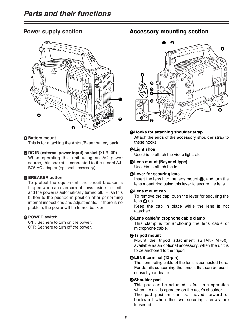 Parts and their functions, Power supply section, Accessory mounting section | Panasonic AJ-HDC27A User Manual | Page 9 / 116