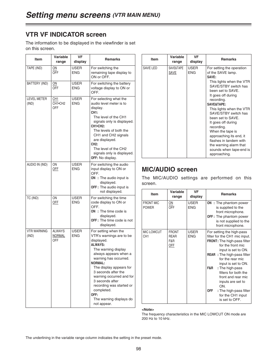 Setting menu screens, Vtr vf indicator screen, Mic/audio screen | Vtr main menu) | Panasonic AJ-HDC27A User Manual | Page 98 / 116