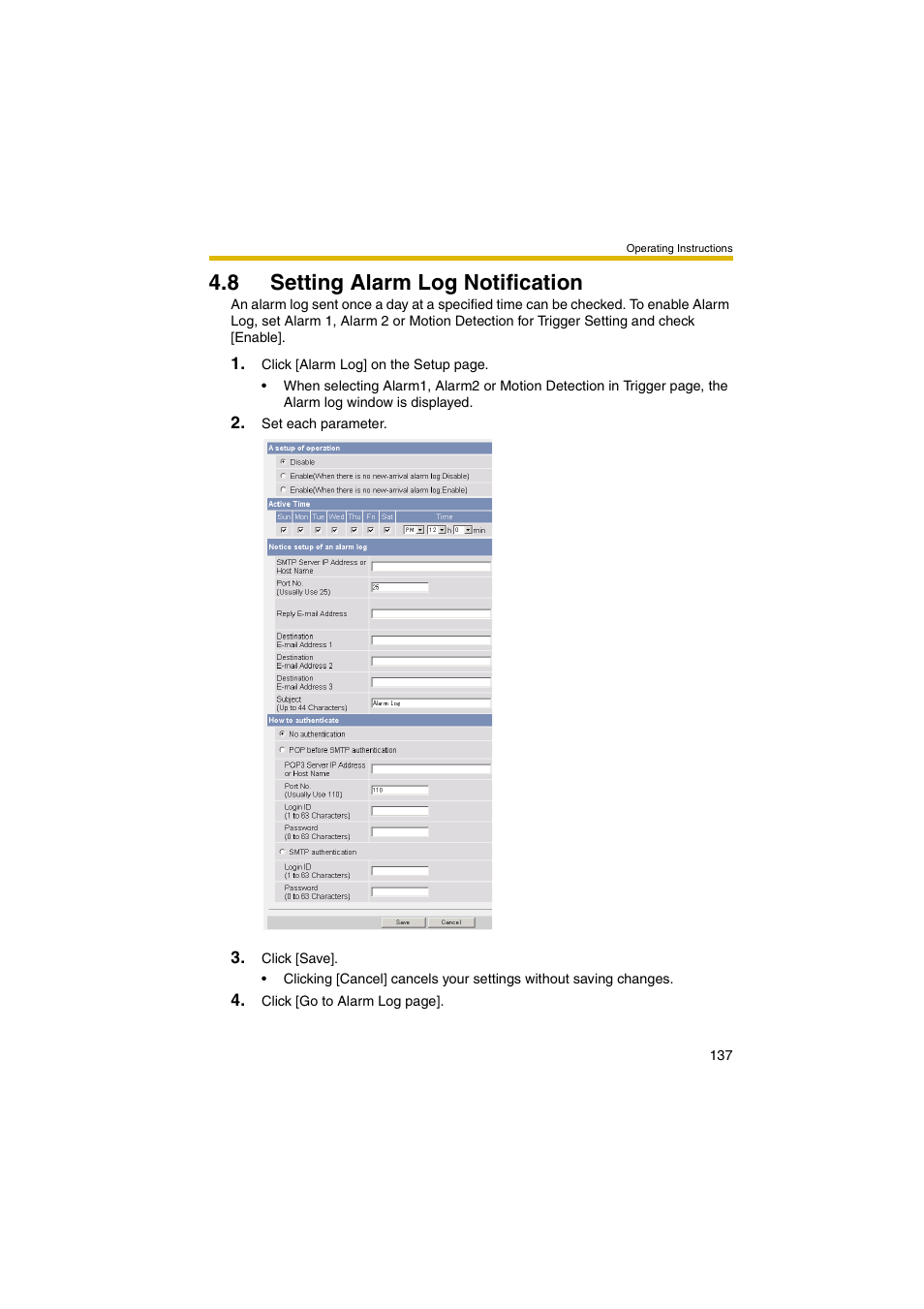 8 setting alarm log notification, E 137) | Panasonic BB-HCM381A User Manual | Page 137 / 198