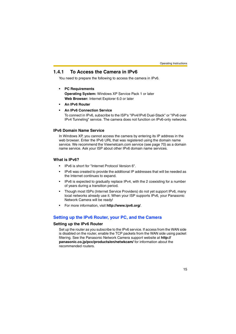 1 to access the camera in ipv6 | Panasonic BB-HCM381A User Manual | Page 15 / 198