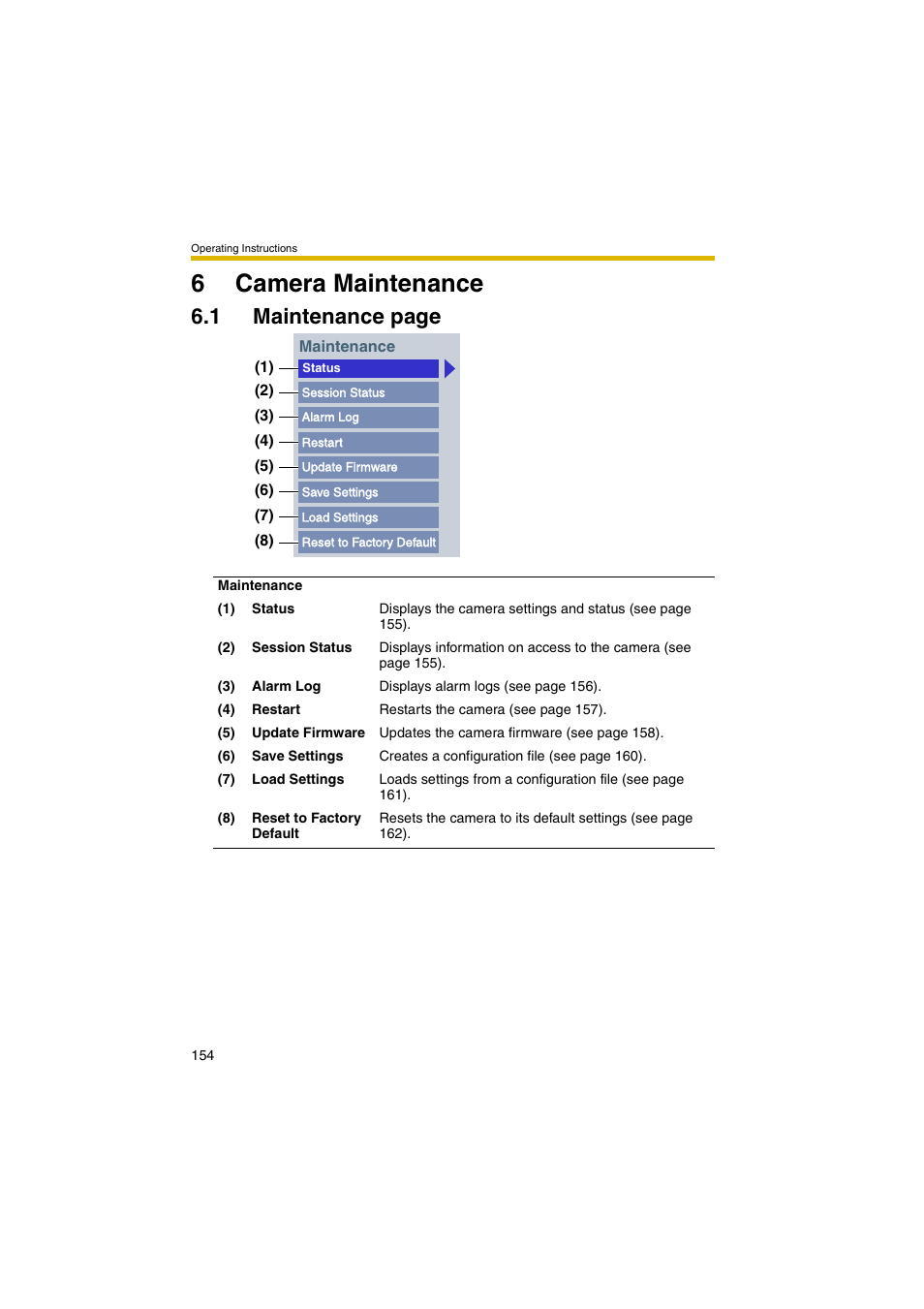 6 camera maintenance, Ge 154), 6camera maintenance | 1 maintenance page | Panasonic BB-HCM381A User Manual | Page 154 / 198