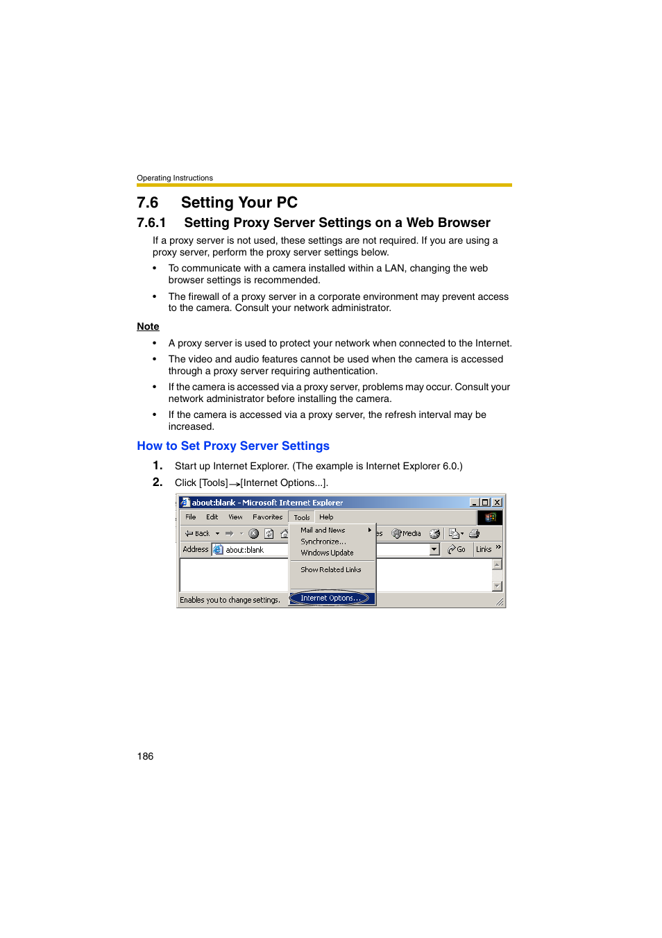 6 setting your pc, 1 setting proxy server settings on a web browser, E 186) | Panasonic BB-HCM381A User Manual | Page 186 / 198