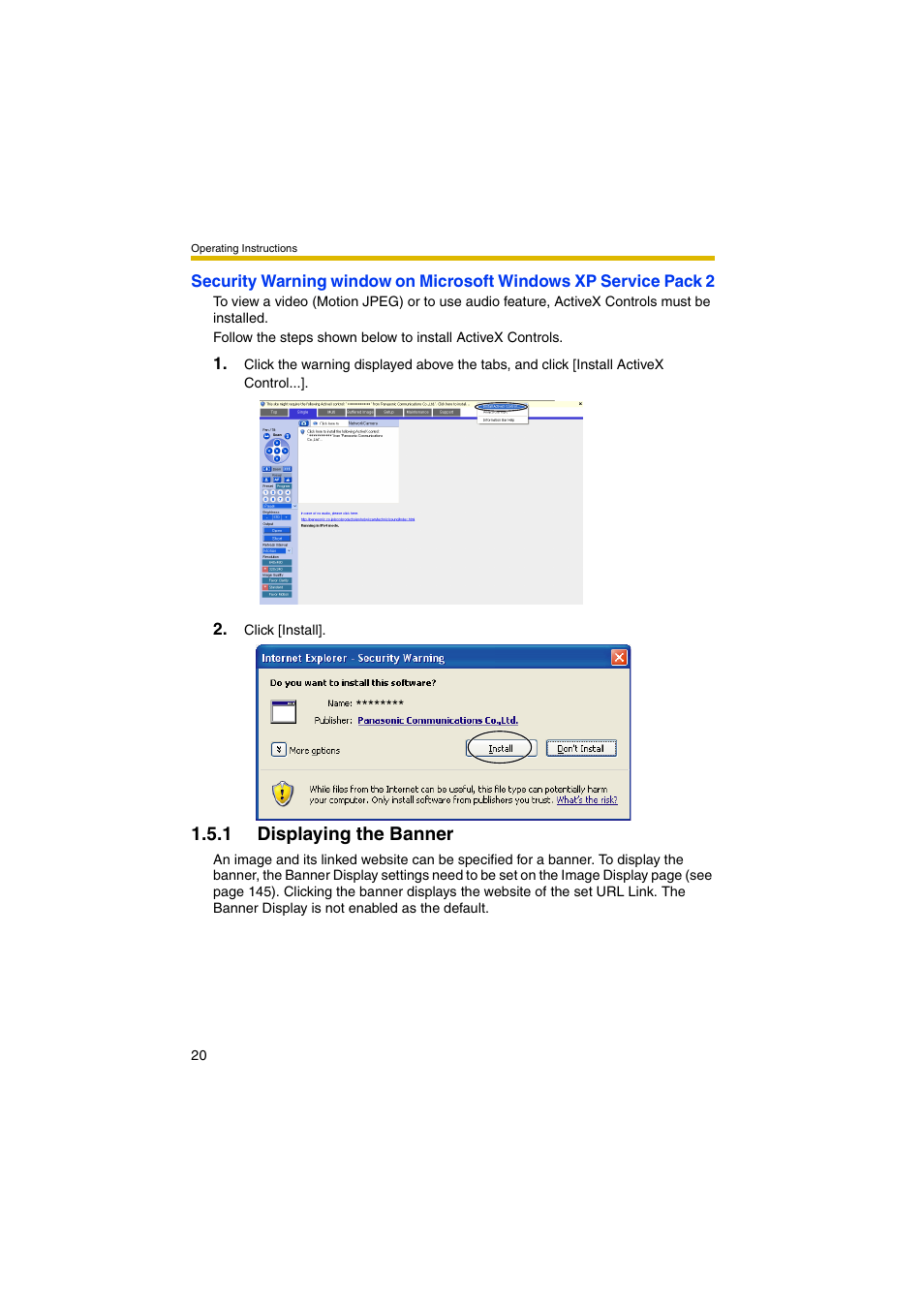 1 displaying the banner, Ge 20 f, Ge 20 | Panasonic BB-HCM381A User Manual | Page 20 / 198