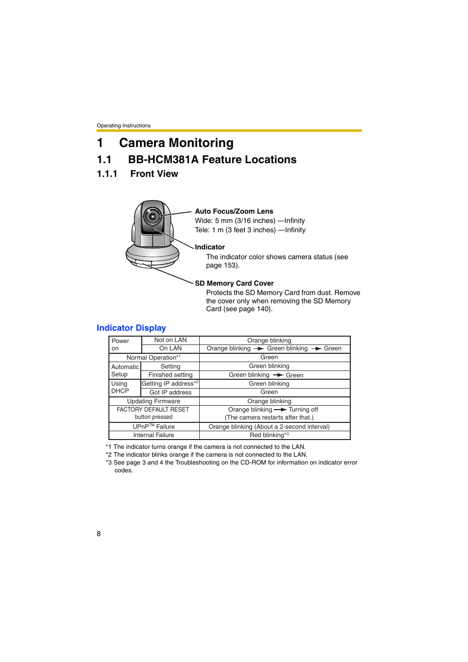 1 camera monitoring, 1 bb-hcm381a feature locations, 1 front view | 1camera monitoring, Indicator display | Panasonic BB-HCM381A User Manual | Page 8 / 198