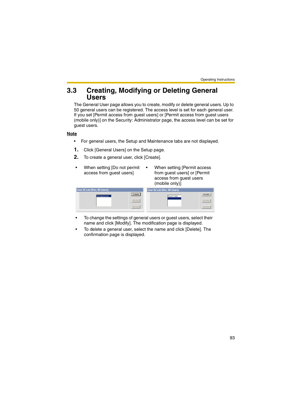 3 creating, modifying or deleting general users, E 93 | Panasonic BB-HCM381A User Manual | Page 93 / 198