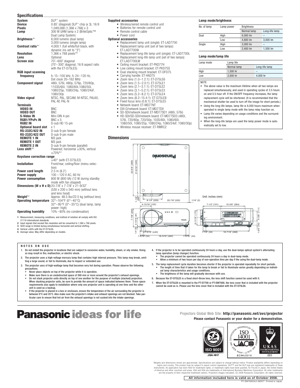 Specifications, Dimensions | Panasonic 3-Chip DLP PT-DW7000U-K User Manual | Page 6 / 6
