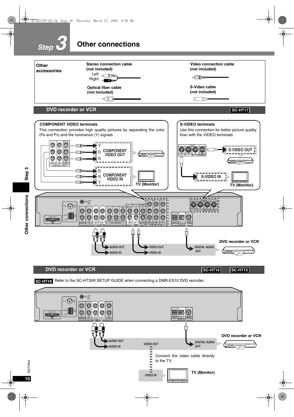 Step 3 other connections, Other connections step, Dvd recorder or vcr | Other connections step 3, Other accessories, S-video out s-video in, Component video out p, Pcomponent video in p, And p | Panasonic SC-HT15 User Manual | Page 10 / 28
